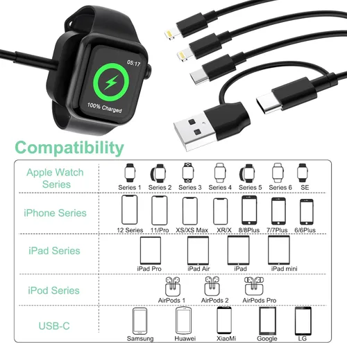 Miniatura 2 de Cargador de viaje 6 en 1 USB A+USB C SmartWatch, cable de carga universal múltiple Lightning*2+adaptador de cable tipo C Combo para iWatch Series