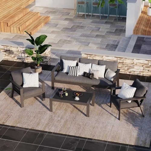 Miniatura 8 de Solaste Juego de muebles de aluminio para patio, sofá moderno de 4 piezas para exteriores con cojines resistentes al agua, juego de conversación