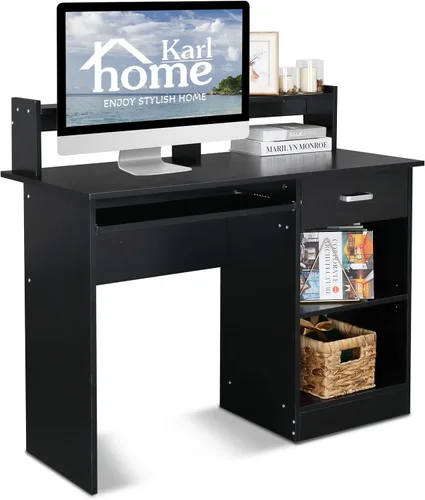 Karl home Escritorio para ordenador de estudio y escritura, mesa para PC y portátil de madera para oficina en casa con estante de cajón, bandeja