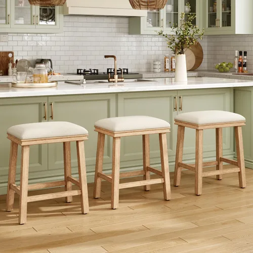 Miniatura 18 de MAISON ARTS Juego de 4 taburetes de bar grises para encimera de cocina, patas de madera maciza con asiento de silla de montar de piel sintética