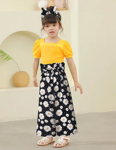 Miniatura 15 de DONWEN Conjunto de 3 piezas de ropa para niñas pequeñas y niñas con cuello cuadrado + pantalones elegantes + diadema para primavera y verano