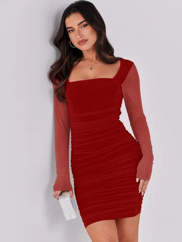 Miniatura 7 de ANRABESS Vestido corto de malla con cuello cuadrado y manga larga para mujer, sexy, fruncido, entallado, para fiesta, club, cóctel, vestido corto