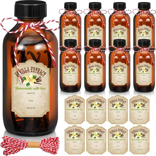 Miniatura 7 de Uiifan 8 piezas botellas de extracto de vainilla Boston redondas con tapas, botella de vidrio y 8 piezas etiquetas de extracto de vainilla