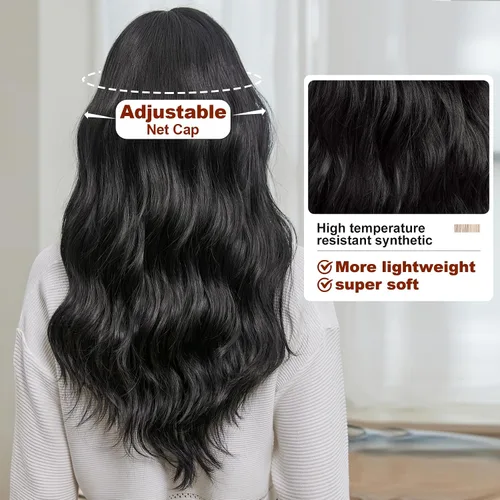 Miniatura 3 de EMMOR Pelucas negras para mujer, pelucas largas y rizadas con flequillo, peluca sintética ondulada con agua, para fiestas, cosplay, uso diario