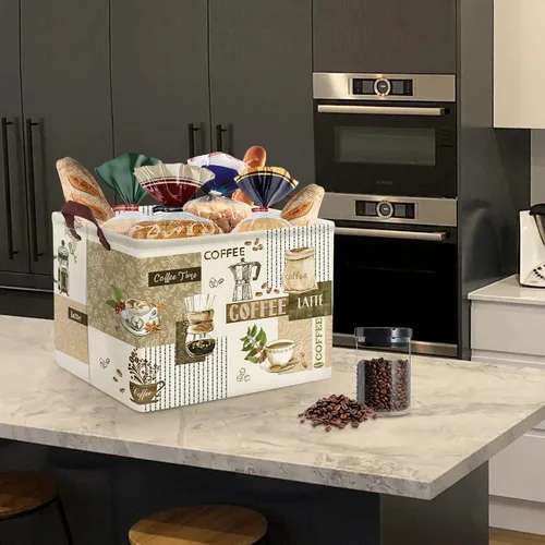 Miniatura 4 de Clastyle Cesta de almacenamiento grande con temática de café, taza de granos de café, aperitivos, cocina, cesta rectangular marrón para ropa, libro