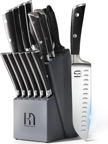 KnifeSaga Juego de cuchillos de cocina de alta calidad, 15 piezas con bloque, juego de cuchillos afilados de acero inoxidable japonés de alto Gris