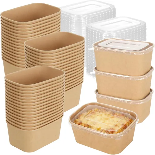 Miniatura 10 de Paquete de 50 cuencos desechables de papel kraft de 17 onzas con tapas, recipientes rectangulares de preparación de comidas a granel, ensaladera