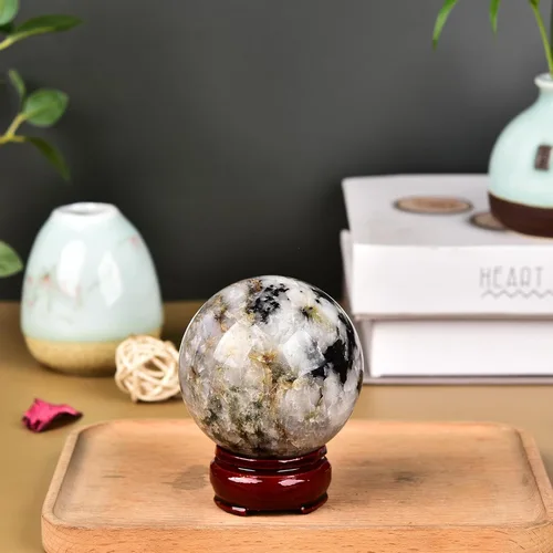 Miniatura 5 de JIC Gem Gran esfera de cristal negro y blanco con soporte Esfera de bola de cristal de turmalina negra y blanca Piedra preciosa decorativa Bola
