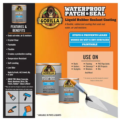 Miniatura 2 de Gorilla Sellador de goma líquida impermeable Patch & Seal, transparente, 16 onzas (paquete de 1)