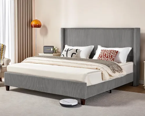 Miniatura 11 de VanAcc Base de cama de plataforma tamaño Queen, cama tapizada de pana de 50.8 pulgadas con cabecera capitonada de canal vertical, listones de Crema