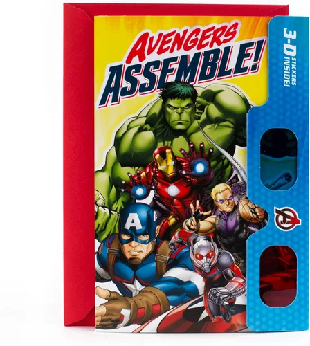 Hallmark Tarjeta de cumpleaños de los Vengadores con pegatinas 3D y gafas (los vengadores se ensamblan!) (499RZB7022)