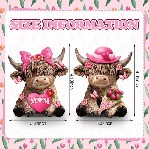 Miniatura 3 de Karenhi 2 piezas de figuritas de vaca de las Tierras Altas para el Día de la Madre, figuritas de gnomo de vaca con flores y corazón de MADRE