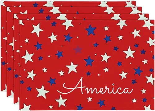 Juego de 4 manteles individuales patrióticos del 4 de julio, con diseño de bandera estadounidense, con estrellas rojas y azules, 12 x 18 pulgadas