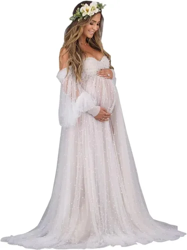 Vestido de maternidad para sesión de fotos, hombros descubiertos, bata de tul larga para baby shower, vestido de embarazo nupcial