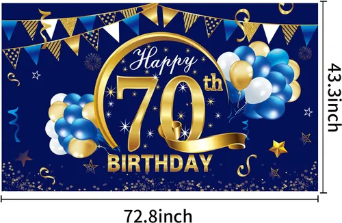 Miniatura 2 de Decoración de Telón de Fondo de Cumpleaños Feliz 70 para Hombres, Fondo de Cumpleaños 70 Azul Dorado, Suministros de Fiesta, Cartel de Fondo de Foto