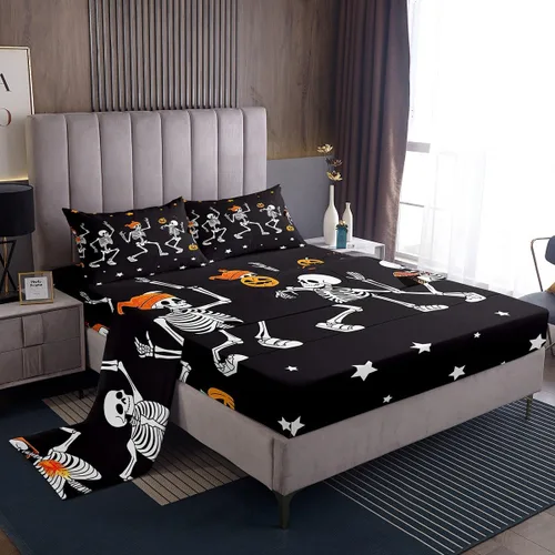Erosebridal Juego de sábanas de calavera para niños, tamaño individual, para Halloween, esqueleto gótico bailarín, juego de sábanas para niños,