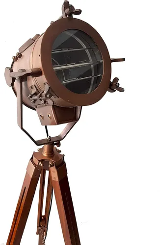 Lámpara de pie con trípode de cobre antiguo de mediados de siglo, reflector de madera para estudio, decoración del hogar vintage