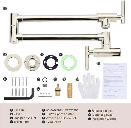 Miniatura 7 de WOWOW Grifo de llenado de ollas de níquel pulido, relleno de olla de latón macizo, montaje en pared, grifo de estufa de cocina con brazos oscilantes