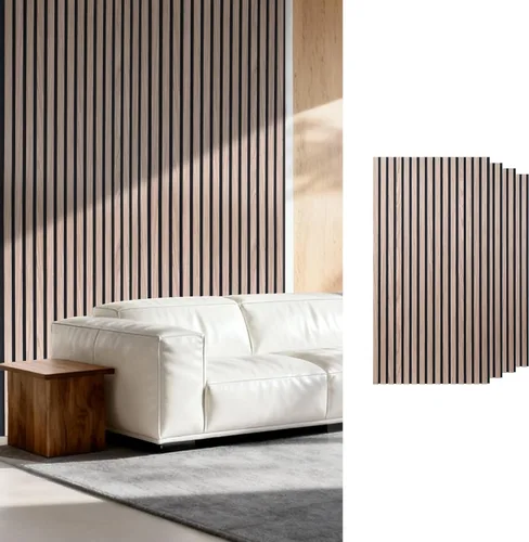 Miniatura 11 de Paneles de pared de listones de madera acústica, paneles insonorizados de roble blanco para decoración de paredes interiores, diseño moderno, 94 x