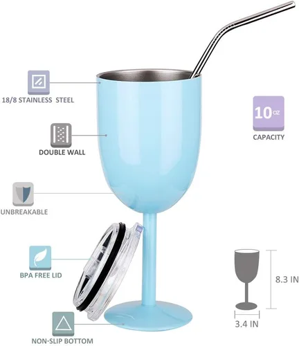 Miniatura 2 de AMZUShome Copas de vino de acero inoxidable (paquete de 2). Vaso de vino de doble pared aislado al vacío con tapa y pajita. Amistad, Navidad, Azul