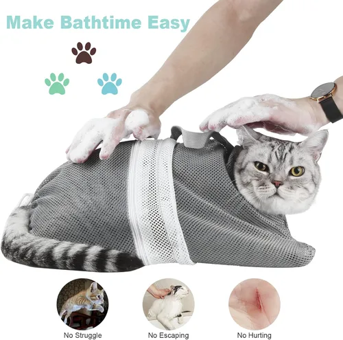 Miniatura 8 de Juego de baño para gatos, 8 piezas, red de ducha para gatos, bozal de malla, cepillo ajustable, cortaúñas, removedor de garrapatas, restricción