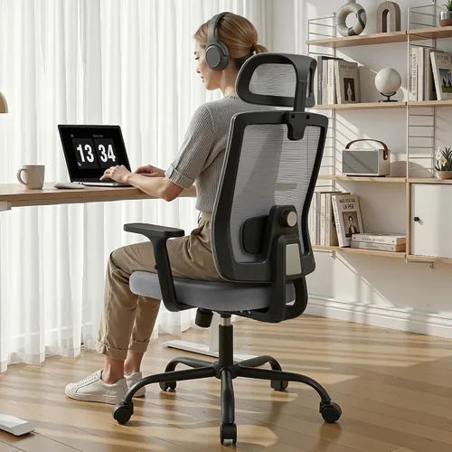 Miniatura 10 de Silla ergonómica de oficina con respaldo alto de malla, silla de escritorio de oficina con soporte lumbar ajustable, sillas de trabajo rodantes