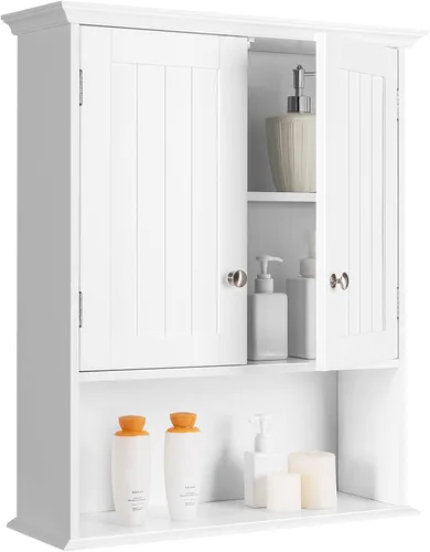 Miniatura 10 de Tangkula Armario de pared de baño, armario colgante de madera con puertas y estantes, gabinete de almacenamiento multiusos para aseo, cocina, sala