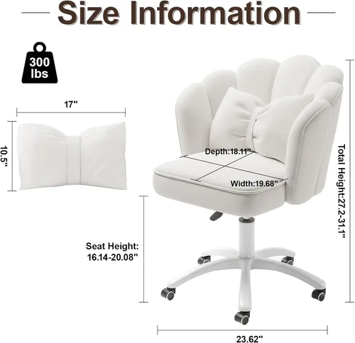 Miniatura 2 de Silla de escritorio Petal con cojín de lazo, silla de terciopelo con ruedas para tocador, silla tapizada para oficina en casa para niñas y mujeres
