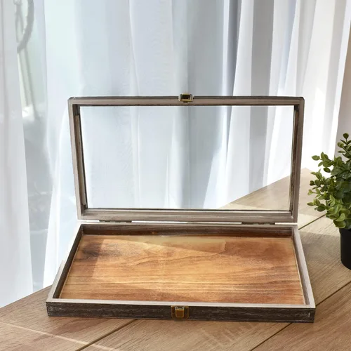 Miniatura 6 de MOOCA Caja de almacenamiento de 2 piezas de vidrio templado de madera con cierre de metal, bandeja de joyería de madera para coleccionables, vitrina