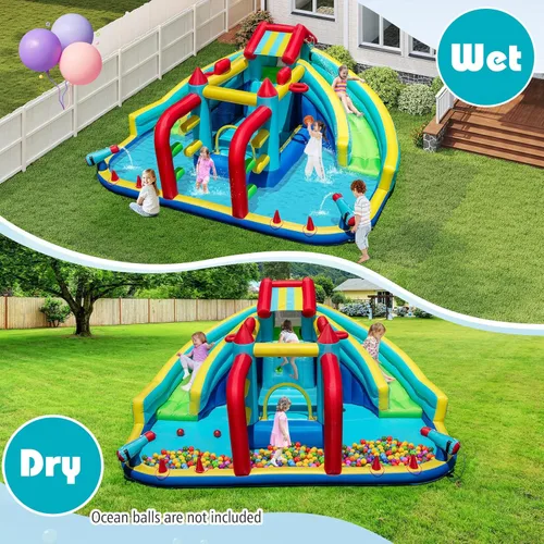 Miniatura 6 de HONEY JOY Tobogán acuático inflable con soplador de 680 W, tobogán largo doble gigante/casa de rebote/pared de escalada/carrera de obstáculos, cañón