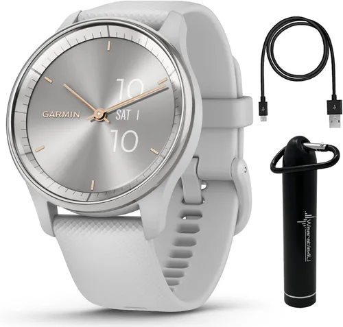 Garmin vivomove Trend - Reloj inteligente híbrido para mujer, 1.575 in, bisel de acero inoxidable plateado con caja gris niebla con paquete