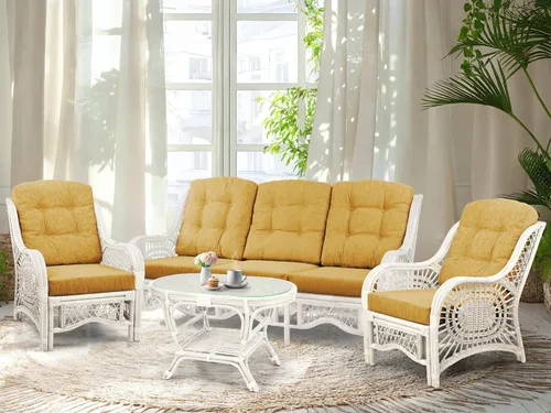 Malibu Lounge Juego de 4: 2 sillas de mimbre de ratán natural, sofá de tres plazas con cojines marrón claro y mesa de centro con vidrio hecho a