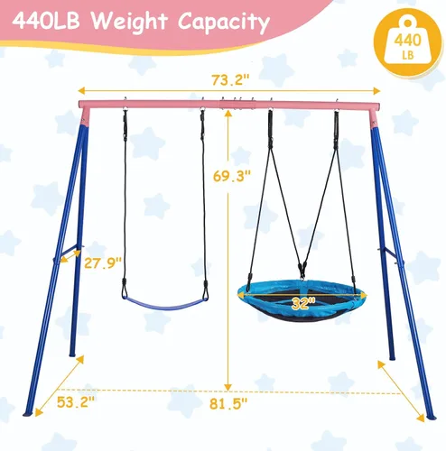 Miniatura 2 de Lunafun Columpios para exteriores para niños, 440 libras, soporte de columpio de metal resistente con marco en A, 1 platillo y 1 asiento de columpio