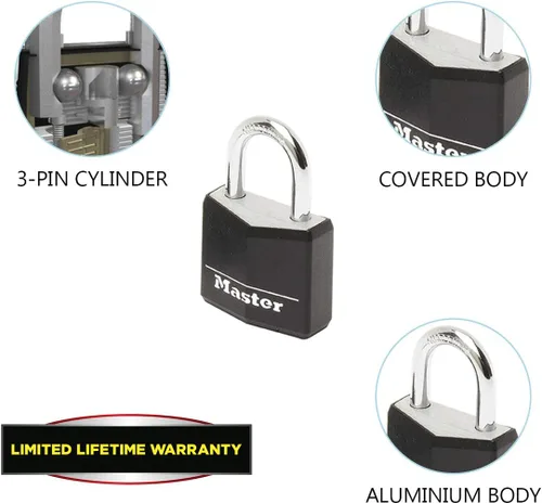 Miniatura 4 de Master Lock Candado, cerradura de cuerpo de aluminio sólido, Negro -, Cerradura de equipaje