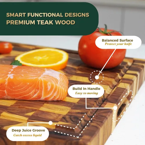 Miniatura 3 de Tablas de cortar de madera de teca para cocina, tablas de cortar de grano mediano de 17 x 13 x 1.5 pulgadas, tabla de cortar de bloque de carnicero