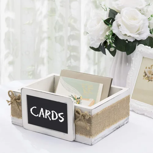 MyGift Caja decorativa de madera blanca vintage, caja de tarjetas de regalo para invitados de boda y fiesta de cumpleaños, con etiqueta de pizarra y