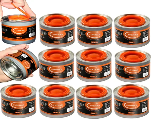 Miniatura 13 de Luminar Latas de combustible de rozaduras con mecha resellable, paquete de 6, 6 horas, quemadores de calidad premium para calentadores de alimentos