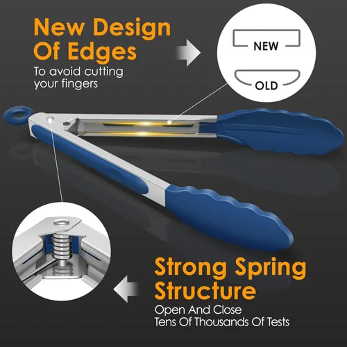 Miniatura 7 de HOTEC Pinzas de cocina premium de acero inoxidable con bloqueo y puntas de silicona, juego de 2-9" y 12", azul clásico Paquete de 2: azul clásico