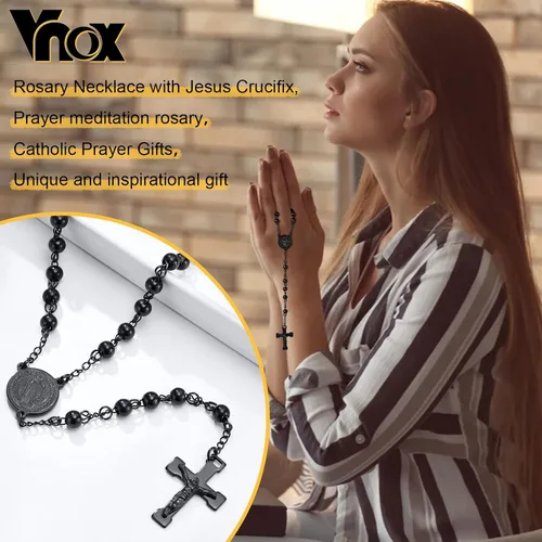 Miniatura 2 de VNOX Collar unisex de acero inoxidable largo con cuentas de rosario de Jesús, cruz católica, crucifijo católico, 36 pulgadas, Edelstahl, Piedra