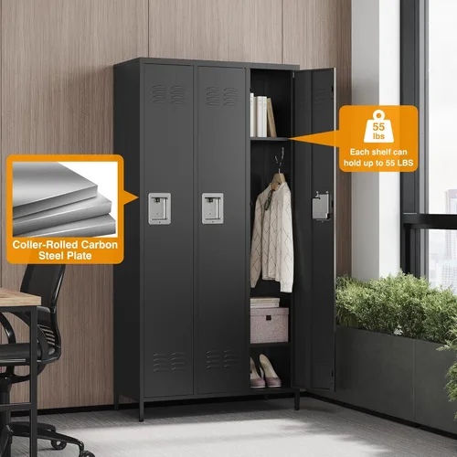 Miniatura 6 de Letaya Taquillas de metal para empleados: armario de almacenamiento de 3 puertas con estantes y gabinete de acero con cerradura para la escuela