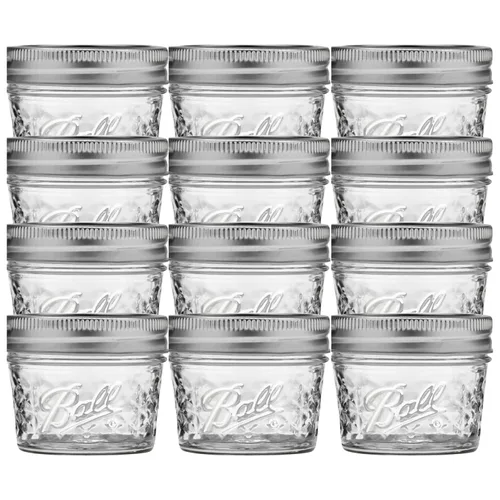 Ball Mason, Frascos de mermelada con tapas y bandas, Set de 12 unidades de 4 oz, 4 onza, Transparente