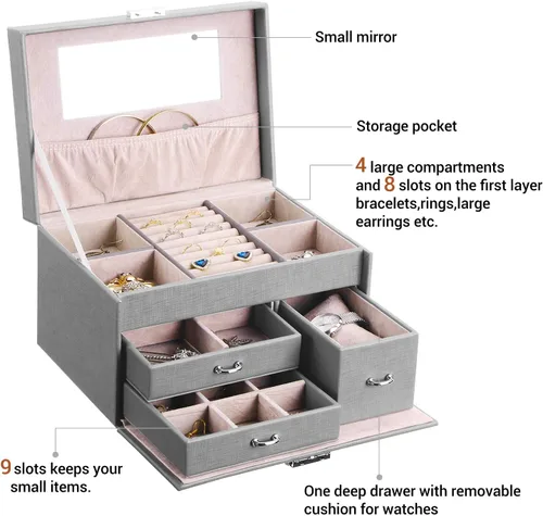 Miniatura 4 de BEWISHOME Jewelry Box, 20 Section Jewelry Organizer Box for Earrings,Rings,Necklaces,Cufflinks,Pendants Grey, Birthday Gift for Women,Women