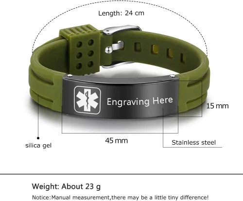 Miniatura 27 de OPALSTOCK Pulseras médicas personalizadas de silicona ajustable para identificación de emergencias, grabado gratuito, 9 pulgadas, resistente al