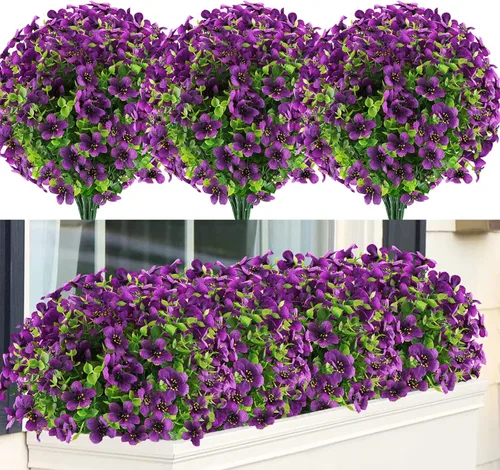 Miniatura 8 de GREENRAIN 6 paquetes de flores artificiales resistentes a los rayos UV, plantas falsas para exteriores, flores de plástico sintético para jardín