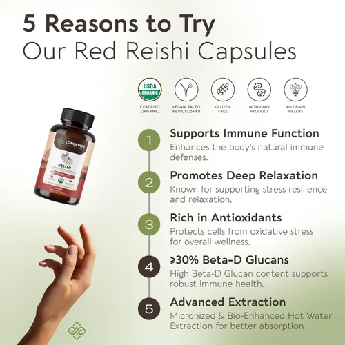 Miniatura 3 de Longevity Botanicals Cápsulas orgánicas de hongos Reishi Extracto de suplemento de 120 unidades Cuerpo fructífero de Ganoderma Lucidum ≥30%