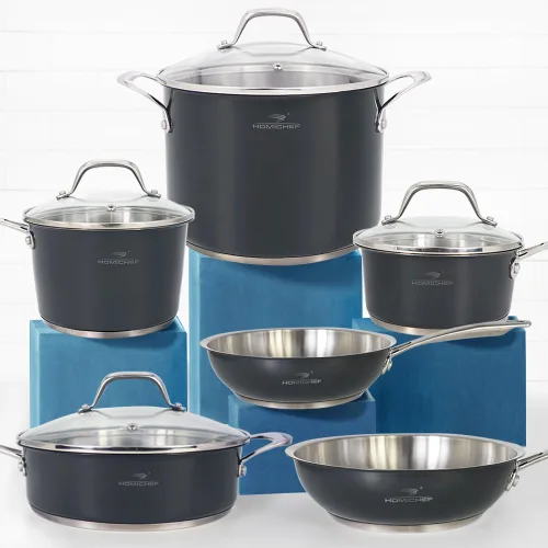 HOMICHEF Juego de utensilios de cocina de acero inoxidable sin níquel de 10 piezas, color gris marino, juego de ollas y sartenes de acero inoxidable