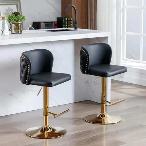 Juego de 2 taburetes de bar de cuero, taburetes de bar giratorios de altura ajustable con botón trasero copetudo y patas de metal cromado dorado,
