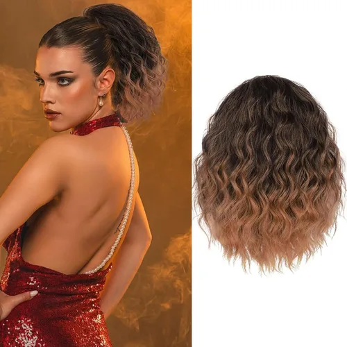 Miniatura 21 de Matriarchs Extensión de cola de caballo corta y rizada con cordón para mujer, pieza de cabello sintético largo afro rizado esponjoso para uso diario