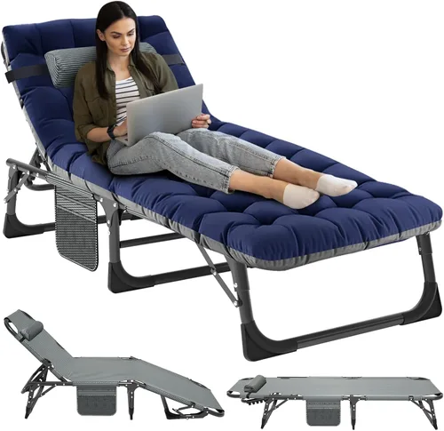 Miniatura 11 de NAIZEA Catre plegable de camping con alfombrilla para adultos, silla de descanso ajustable al aire libre, cama de dormir resistente, catres