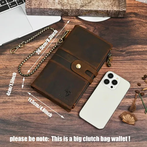 Miniatura 31 de Genuino Caballo Loco Cuero Regalo de Viaje Moneda Bolsillo Tarjetero Organizador Largo Cadena Rfid Cartera Monedero Con Broche Para Hombres Hombres